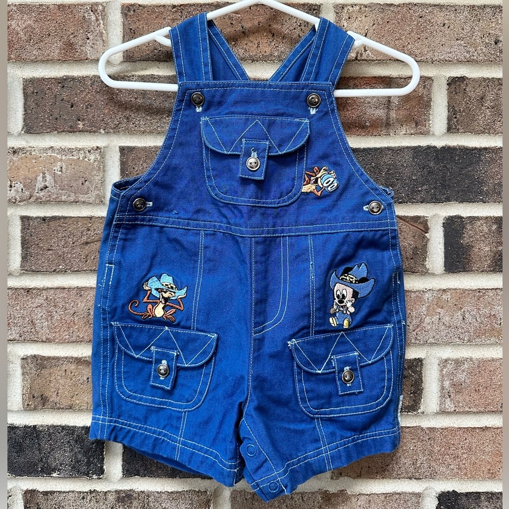 Baby Mickey Safari Monkeys Embroidered Navy Blue Shortalls Size 6/9 months